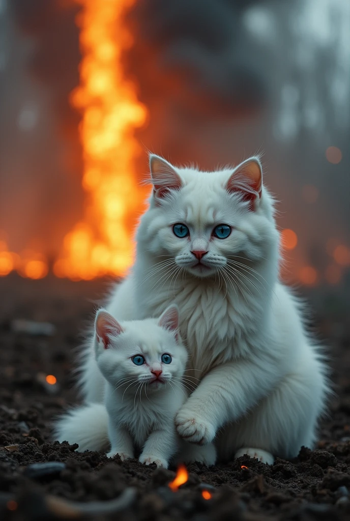 white cat holding her white kitten in front of burning building