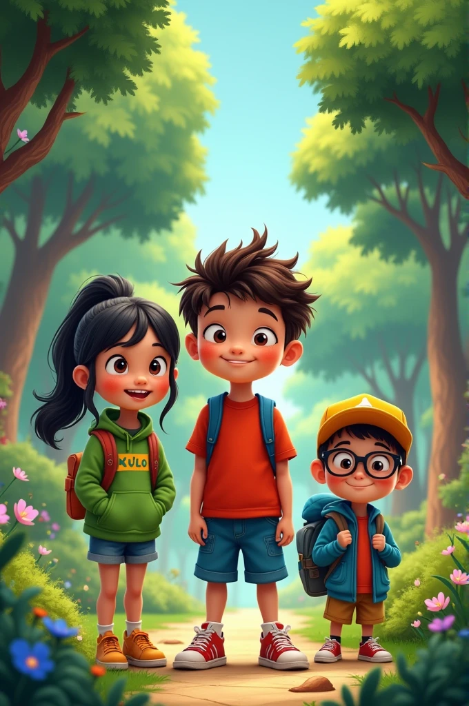 A cheerful young boy named Dyan stands at the center, with an adventurous and curious personality. Dyan has short, messy brown hair, large expressive eyes, and is dressed in casual, brightly colored clothes, like a red shirt and blue shorts. Standing next to him are his two best friends: one is a tall, energetic girl with long black hair tied in a ponytail, wearing a sporty outfit like a green hoodie and sneakers. The other friend is a shorter, chubby boy with glasses, wearing a yellow cap and an oversized blue jacket, always carrying a backpack filled with gadgets. All three are posing confidently, ready for an adventure, with a scenic backdrop of a vibrant park or magical forest, filled with whimsical elements like talking animals or hidden treasures.

Would you like me to generate this scene as an image?







