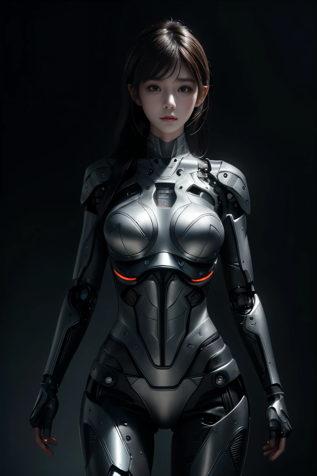 Textured skin, Super Detail, high details, High quality, Best Quality, hight resolution, 1080p, hard disk, Beautiful,(cyborgs),beautiful cyborg woman,Mecha Cyborg Girl,Battle Mode,Girl with a Mecha Body,Able to launch missiles from the chest,You can shoot a machine gun from both hands
