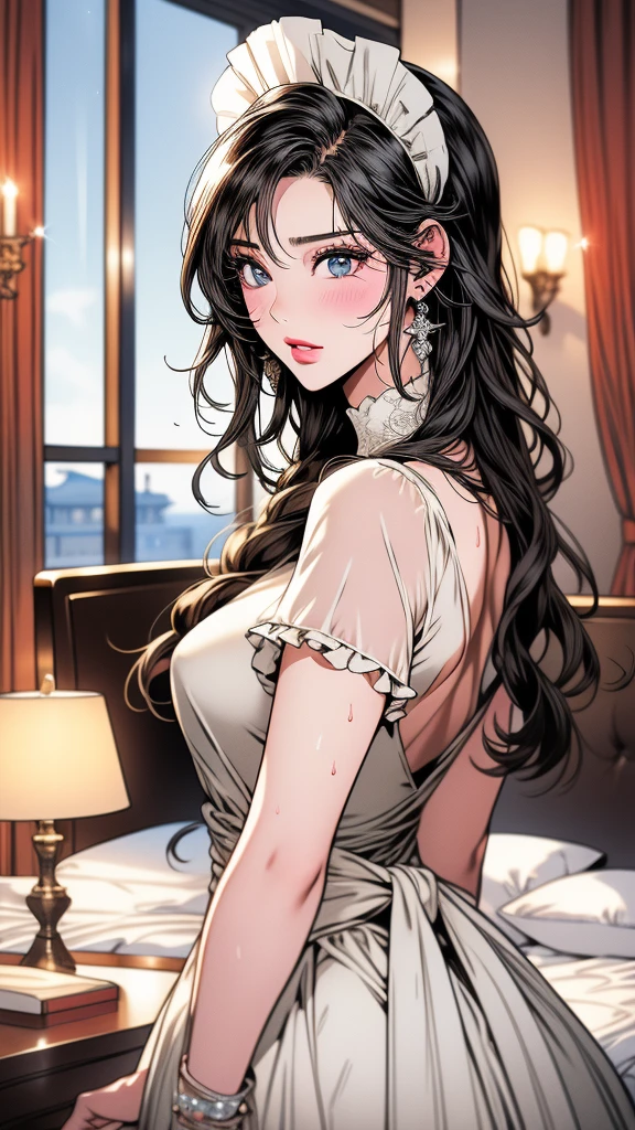 (((Highest quality))),(((masterpiece))),(((detailed))),(((In high resolution))),(((Beautiful and beautiful work: 1.5))),(Ultra-high resolution),(((detailedな背景)))8k, RAW Photos, Highest quality,32K,masterpiece,Hyper HD,Delicate and beautiful hair, Eyes and Face,((Hotel Rooms)),Beautiful Face,((blush, Sweat)), Clear White SK,(Maid clothes),(超detailed, facial)