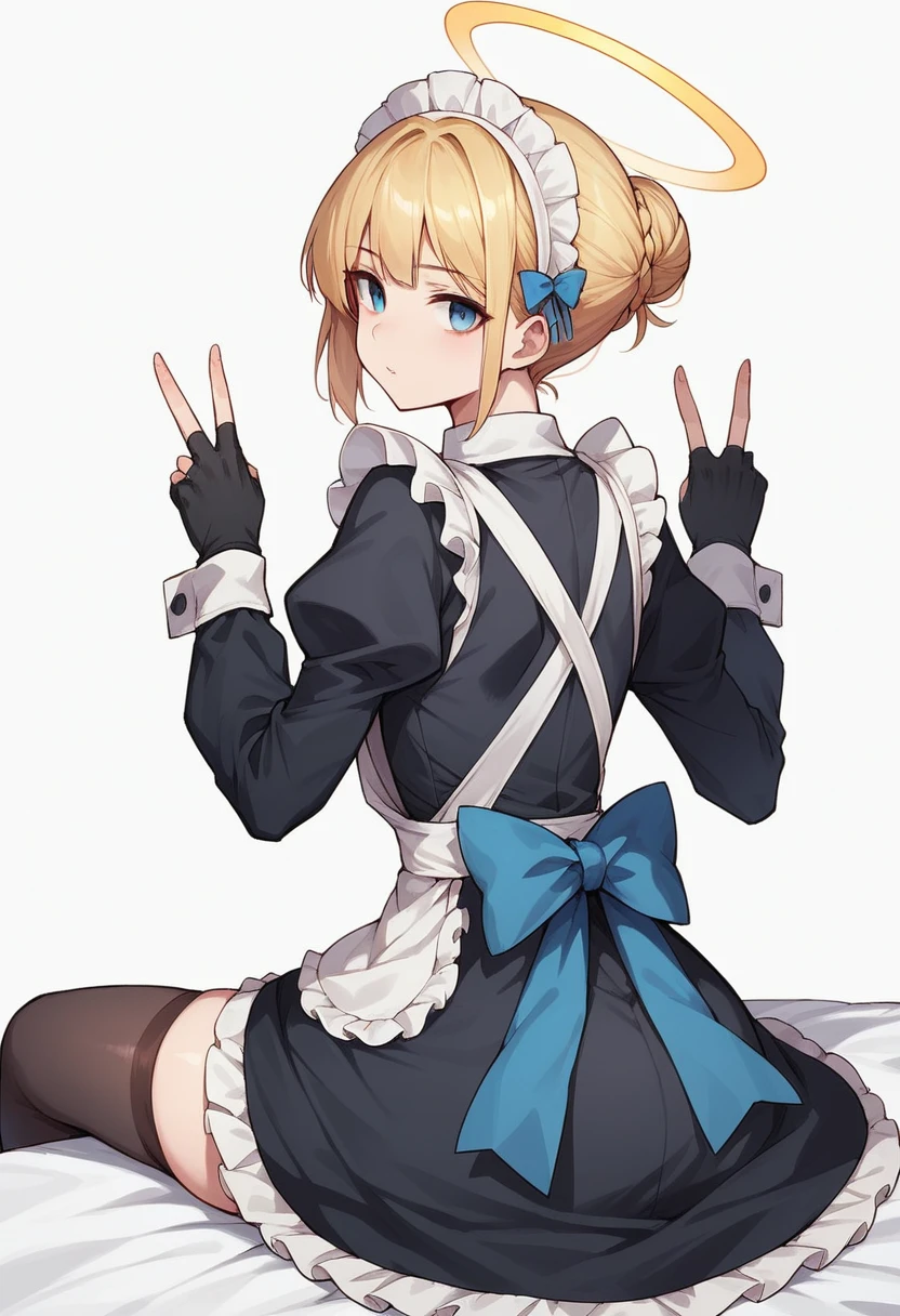 1girl, solo, looking at viewer, short hair, blue eyes, blonde hair, simple background, thighhighs, gloves, long sleeves, white background, dress, bow, sitting, braid, censored, frills, black gloves, puffy sleeves, looking back, black thighhighs, fingerless gloves, hair bun, from behind, apron, maid, maid headdress, bar censor, v, halo, blue bow, wariza, single hair bun, double v