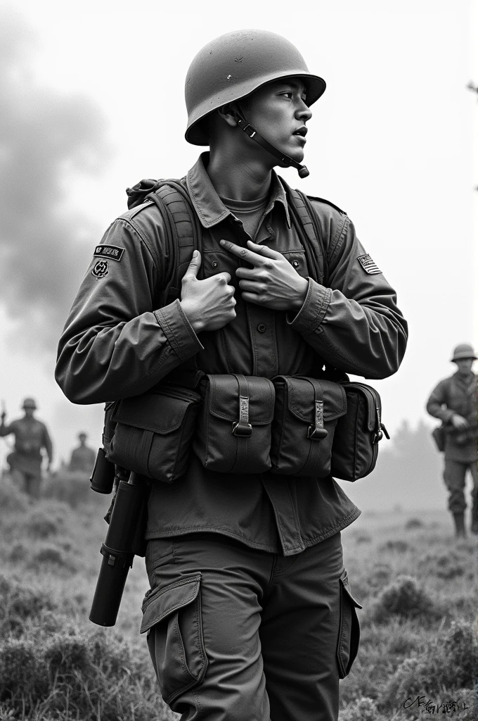 Korean soldier shot in the heart black and white drawing