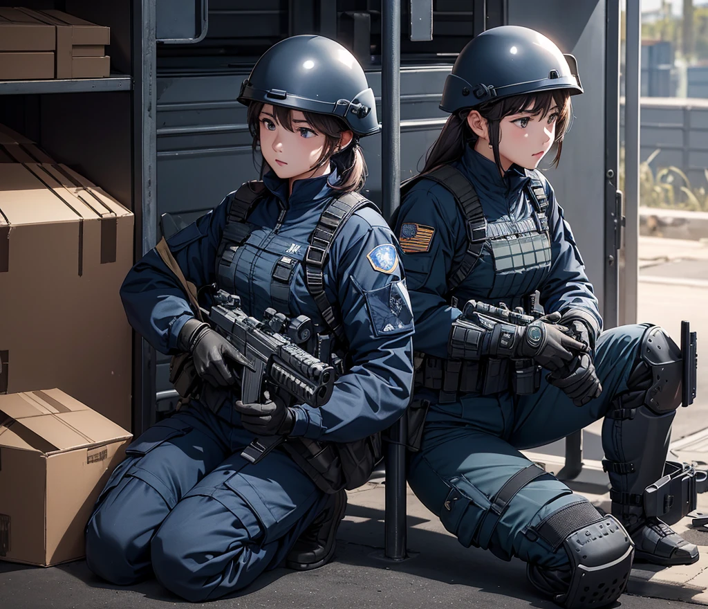 A group of female special forces soldiers wearing helmets，Wearing navy blue uniform、Military Pants、Individual equipment set、Knee pads、Port container cluster，Write details、masterpiece、best quality、Highly detailed CG、8K picture quality