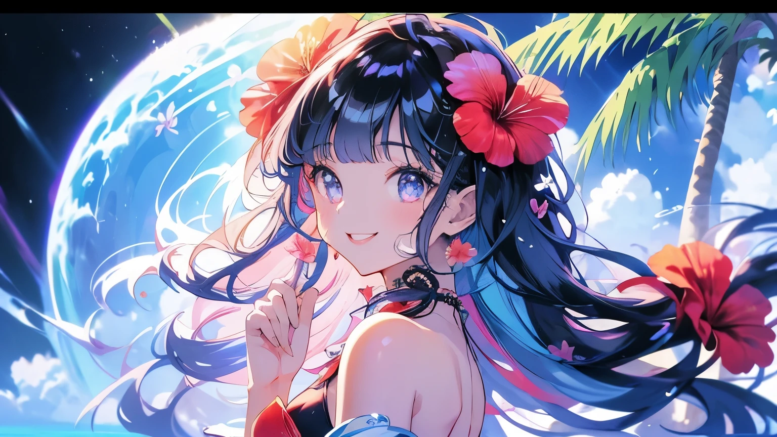 Masterpiece、smile、Anime Girls、Blue Hair、Long Hair、Swimwear、Cute Anime Girls、smile、((hibiscus))、Lots of hibiscus、fractal art、Gwaiz、Ocean、Palm tree、night