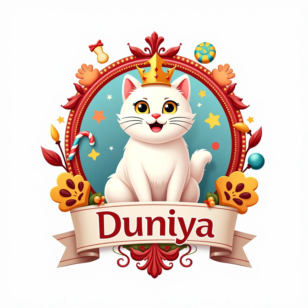 Develop a vibrant emblem logo for ' Jessir Duniya ' featuring a white Cat wearing a tiny Queen crown and sitting inside a decorative frame adorned with pet accessories like toys and treats. Use a colorful palette of red, yellow, and blue to convey a sense of joy and celebration. The logo should be eye-catching and festive against a white background.