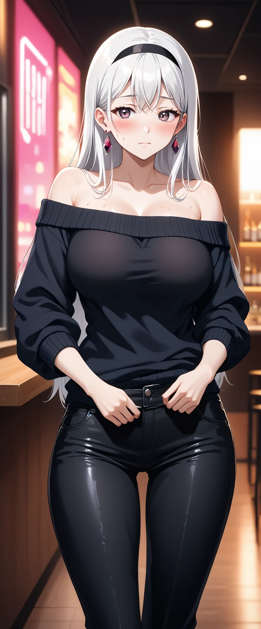 woman, Minamoto Yorimitsu, Large Breasts, Black Hair, Earrings, white hair band, hair band, Long Hair, Side Lock, Exposing shoulders, clavicle, dress, Long sleeve, Off the shoulder, off-shoulder dress, off-shoulder sweater, (pants:2), (black pants:1.5), sweater, sweater dress, Thighs, Are standing, Highest quality, Very detailed, High resolution, Studio Lighting, Professional, Vibrant colors, Sharp focus, Bokeh, landscape, Love Hotel, bar counter, night, window, Cityscape, colorful city, Neon Light, Futuristic, sf, Soft lighting, Dynamic Shadows, (Embarrassing:2.5), (blush:2.5), (sweating:2), In-person audience