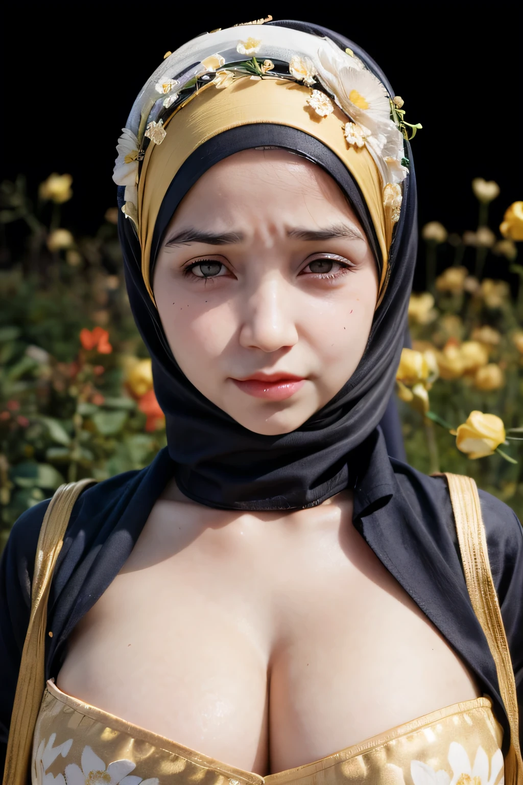 ((((HALF BODY PORTRAIT)))), Naked, Very cute like a baby face, ((Stylish Hijab)), adorable, 1 girl, , baby face, shy, half body portrait,smile, (face details: 1), (eye details: 1), ((round large breasts, cleavage)). Cute posed. proportional body. Ultra High Res. (realistic: 1.9), UHD, ((SAD FACE EXPRESSION :1.4)), ((Golden Flowers Pattern))