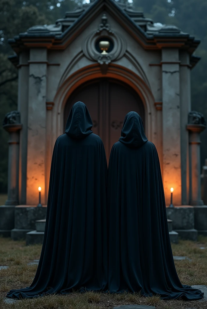A black man and woman side by side, facing a crypt in a cemetery lit by candles. 
A mysterious and gloomy atmosphere.
The crypt must be in the foreground.
A crypt including an emblem on the entrance door, representing a chalice surmounted by a heart.
The man and woman are dressed all in black., with a cape and a hood. They both wear a black full face mask. 