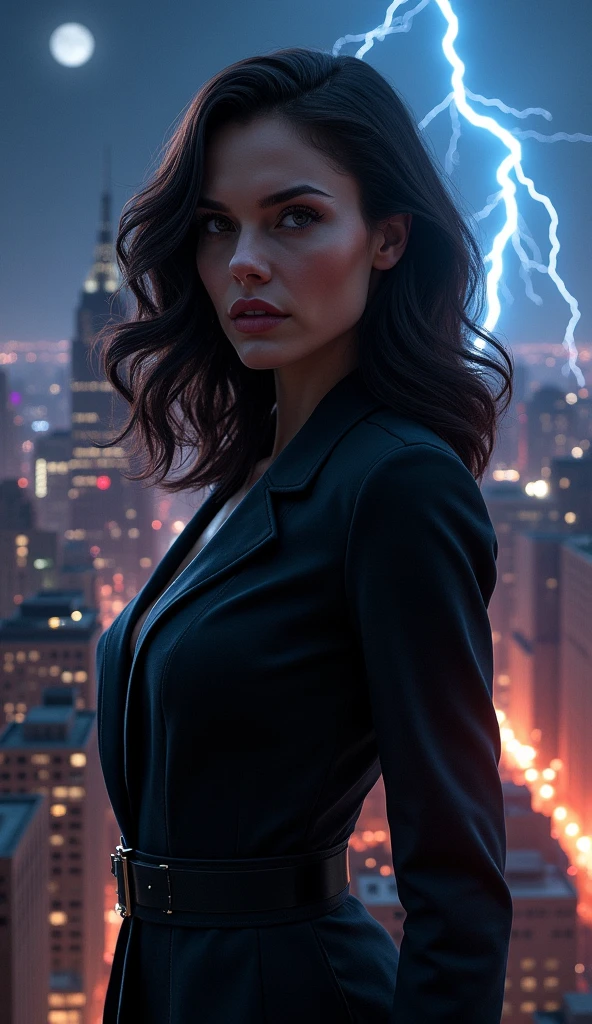 full shot ,Portrait realistic painting of Black Widow wearing a fancy suit,  ultra realistic, concept art, intricate details, eerie, highly detailed, photorealistic, octane render, 8k, unreal engine. art by Chuck Close and Richard Estes, nyc in the background Lightning strikes, full body, night time, realistic photography