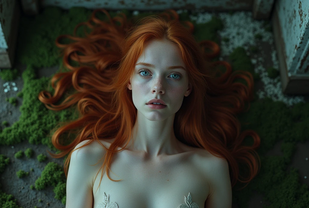 (Mackenzie Foy redhead girl,13 years with, thousand, fingers in the vagina:1.3), (long, messy hair:1.3), blue eyes, detailed eyes, detailed lips, (lies naked, sensual, Whole body:1.5), (photo from many different angles:1.5), (creepy and scary interior of a gothic castle, abandoned with fog and mist, snow, green moss: 1.3), neckline, ray tracing, (Best Quality, 4k, 8k, High resolution, masterpiece:1.2), Very detailed, (realist , photorealist, photorealist :1.37), HdR, HD, masterpiece, professional, vivid colors, bokeh, studio lighting
