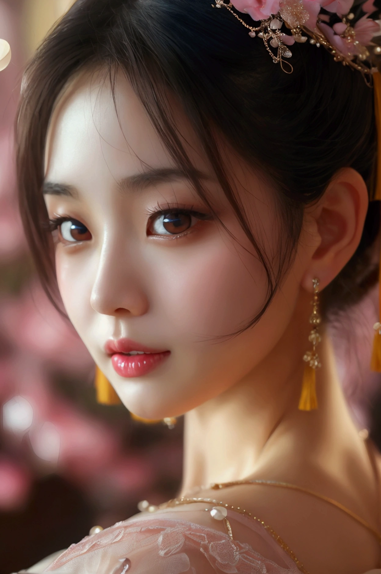 A lovely and sweet Chinese woman, Delicate and sexy collarbone, Attractive goose face, double eyelid, Clever pink eyes, Pink Lips, small, upturned nose, Exposing shoulders, Concentrated face, Face close-up, Ultra HD, Super Detail, Full body photo, Ultra-thin, optimal light transmission ratio, 4 fingers and 1 thumb, JK Mini Skirt