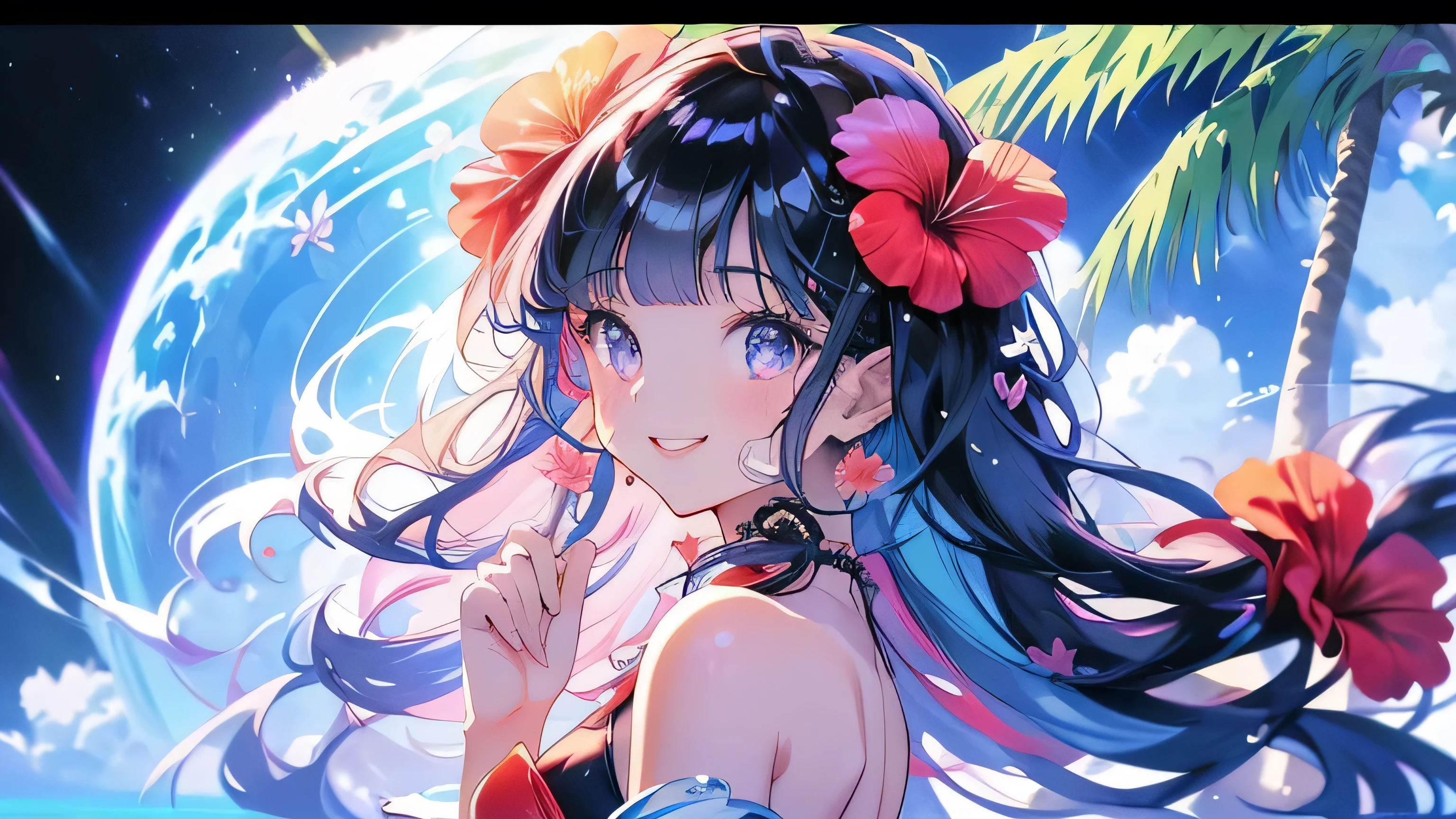 **Prompt:** "Please draw an anime-style female character with the following characteristics: - **Hair**: Long black hair tied in a ponytail, adorned with a red hibiscus flower. - **Eyes**: Blue eyes with a slight blush on her cheeks. - **Expression**: She has a slightly downward gaze with a somewhat troubled expression. - **Outfit**: She is wearing a black bikini. The bikini top has thin straps and an anchor pendant at the chest. The bikini bottom is also black with the text 'IRONBLOOD' written on it. She has a black garter on her left thigh. She is also wearing a light blue shirt that is slipping off her shoulders. - **Body**: She has a toned physique with emphasized muscle lines on her chest and abdomen. Her skin has water droplets, giving the appearance that she is wet. - **Pose**: She is standing with one leg raised, bent at the knee, and her body tilted at an angle. - **Background**: The background shows a blurred water surface, indicating that she is by the water. There are stones or rocks visible in the water."