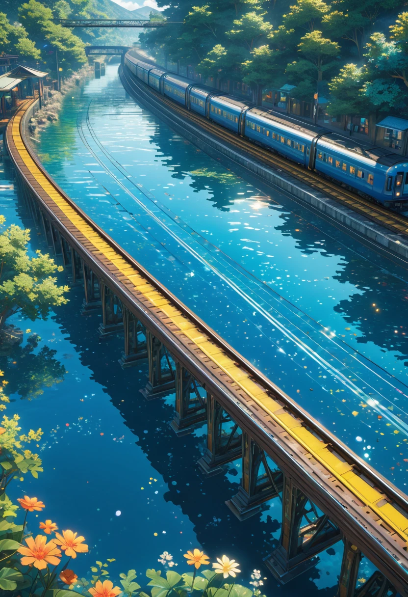 score_9, score_8_upper, score_7_upper,A train running on water,Sunken rail,Small station platform,(((Blue overall color))),summer,(masterpiece, Highest quality, Highest quality, Official Art, beautifull, beautiful:1.2,Ray Tracing),Very detailed,Blue tones,Very detailed, (Fractal Art:1.3), Most detailed, High resolution, Impressive visuals, (Dynamic Stripes, Light trail:1.2), Vibrant colors ,Detailed Images