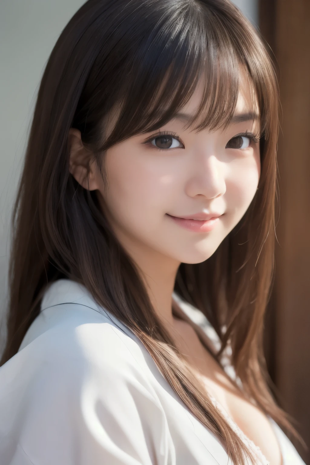 best quality, face focus, soft light, ultra high res, (photorealistic:1.4), RAW photo,(Shinozaki Ai), white skin, kawaii,
1 Japanese girl, solo, cute, smile, (pupil, lights in the eyes),  detailed beautiful face, Medium-sized breasts,(high resolution detail of human skin texture),(long hair),(portrait), upper body, white traditional kimono