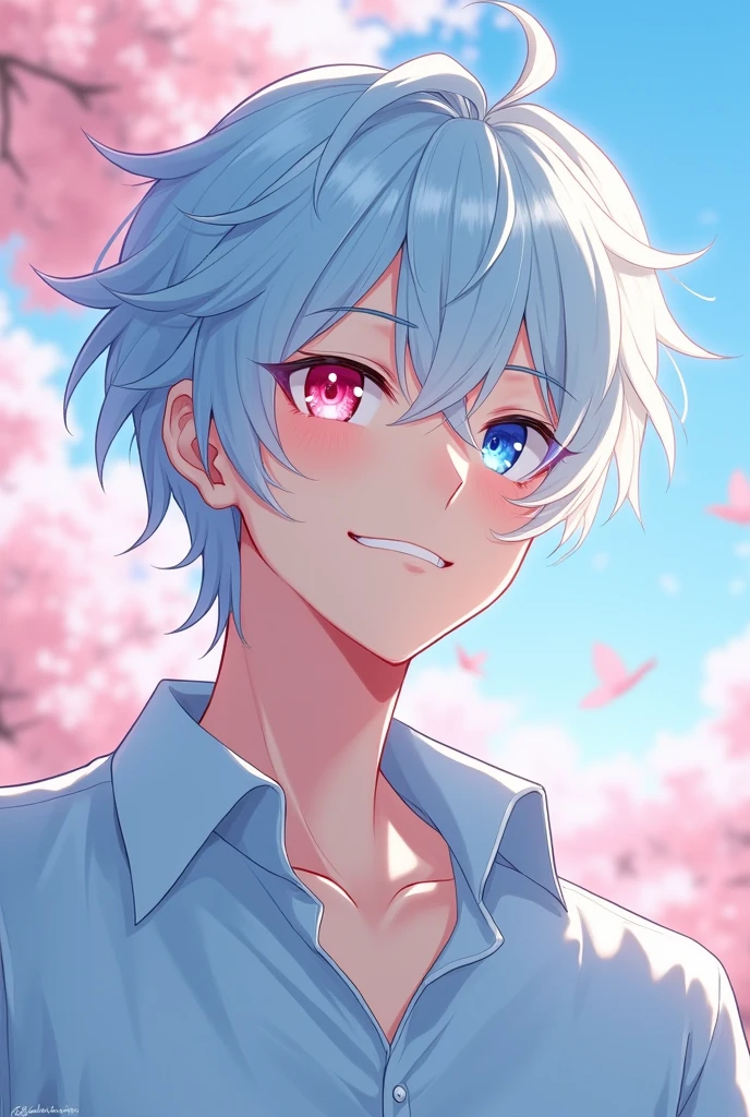Male, mature, 2d, anime, light blue shirt, light blue hair with white, left eye red, right eye blue, smile