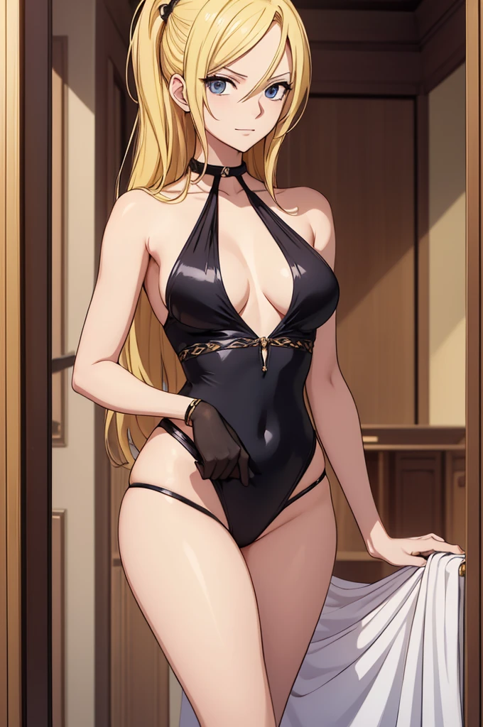 Create an image of a gender-swapped version of Sanji from One Piece, depicted as a stunning and elegant woman. She has long, flowing blonde hair styled with a few loose strands falling gracefully over her face, perfectly capturing her refined yet slightly playful demeanor. Her eyes are a striking shade of blue, detailed and expressive, radiating a mix of confidence and allure that is characteristic of Sanji’s charm.

Her physique is slender yet toned, with graceful curves that highlight her feminine form. She is wearing a chic and stylish bikini that accentuates her figure, with the bikini top elegantly framing her upper body and the bikini bottoms perfectly complementing her long, slender legs and shapely hips. The bikini is sleek, with a design that reflects her sophisticated taste, perhaps with a subtle nod to her culinary flair through a small decorative element.

She stands with poise, one hand resting confidently on her hip while the other delicately holds a cigarette, a signature gesture that adds a touch of her classic style. Her expression is cool and composed, with a slight smirk that hints at her sharp wit and effortless charm.

Every detail, from the shine of her blonde hair to the elegant lines of her well-defined body, is rendered with the utmost care. The image should be visually stunning and captured in 8K resolution, ensuring every aspect of her appearance is portrayed with flawless quality, resulting in a captivating and perfect representation of female Sanji in a bikini.