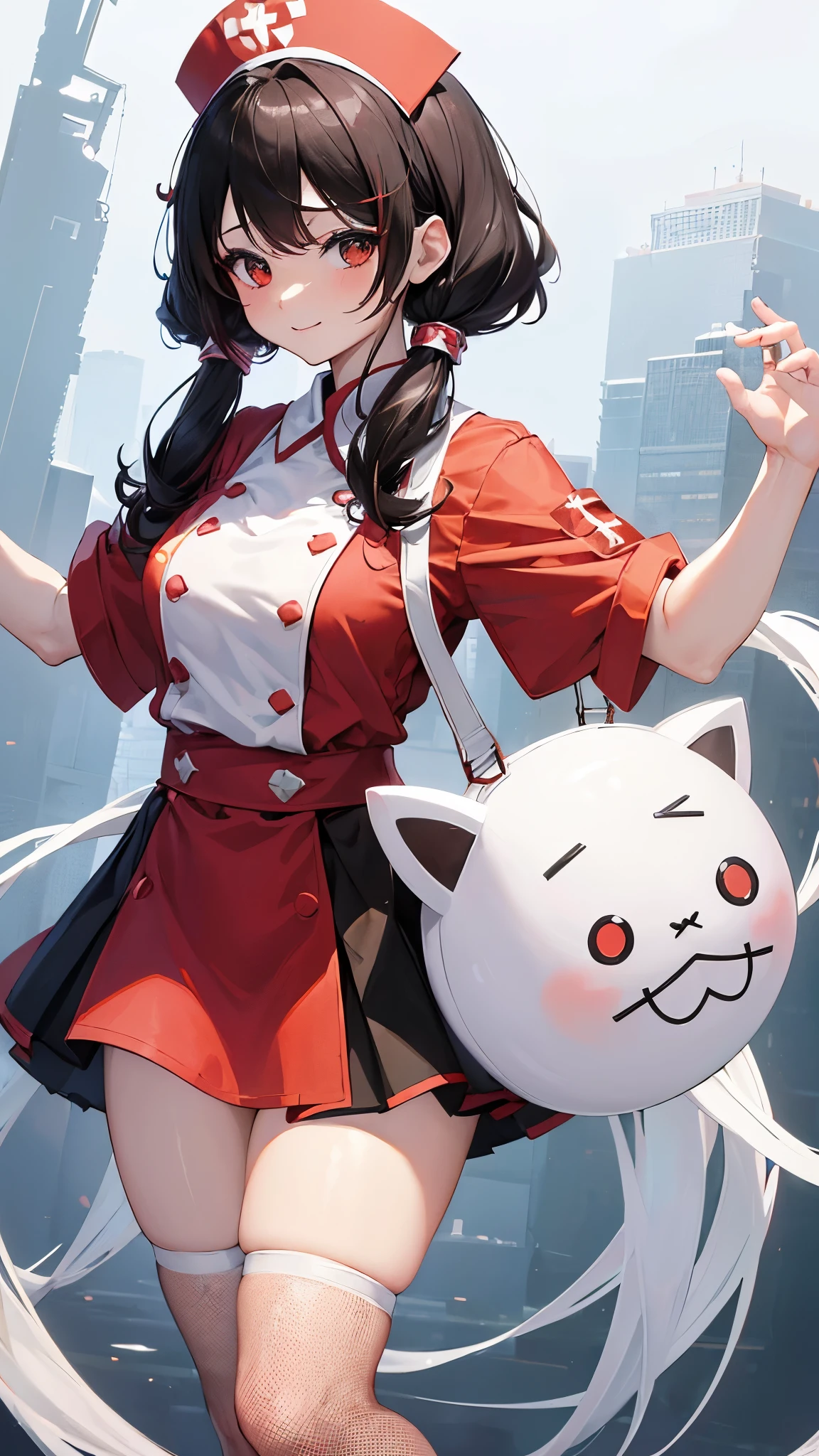 ((((((アニメ調cute顔)))))), ((White muscle:1.8)), ((((Red and black nurse costume with a lot of exposure)))), Highest quality, (((Sharp details))), 8k, ((cute)), (Black hair twin tails)、（Pink frill hair accessory）、 (looking at the camera),,（cute胸:0.8）、((Body-fitting costumes))、Height: 160 cm、A kind smile:1.5、（Big eyes:1.5）、Anatomically correct body、Big thighs、slightly muscular、Light from the front、Face lighting hits、cute部屋、(Written boundary depth)、（Slits in costume:1.2）、（Correct hand expression）、cuteダンス、（Fishnet tights:1.3）