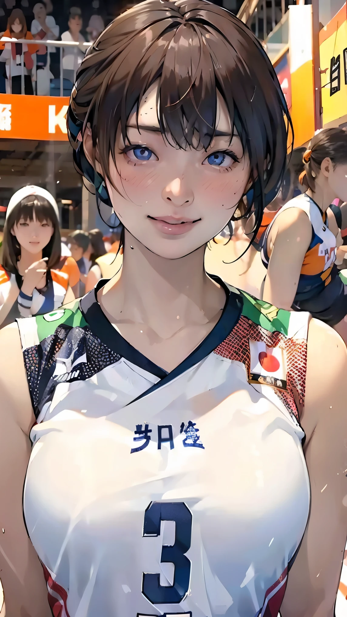 perfection、masterpiece、(Highest quality、High resolution:1.2)、 1 person、Beautifully detailed eyes、Beautiful pink lips、Highly detailed eyes and face、Bright colors、HDR、Studio Lighting、Ultra-high definition painting、Sharp focus、Physically Based Rendering、Extremely detailed depiction、moderate bust、perfectionな形、Facing the viewer、Sweat、smile、Volleyball Player、((Sleeveless orange volleyball uniform))、Braiding hair、Close-up of face、Shooting with a wide-angle lens、