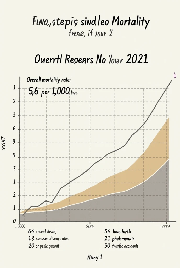 Make a statistical graph in an image with clear and precise handwriting.
_mortality_
- Overall mortality rate: 5.6 for 1,000 inhabitants (2021)
- mortality rate: 6.8 for 1,000 live births (2021)
- Main causes of death from cardiovascular diseases, pneumonia, traffic accidents