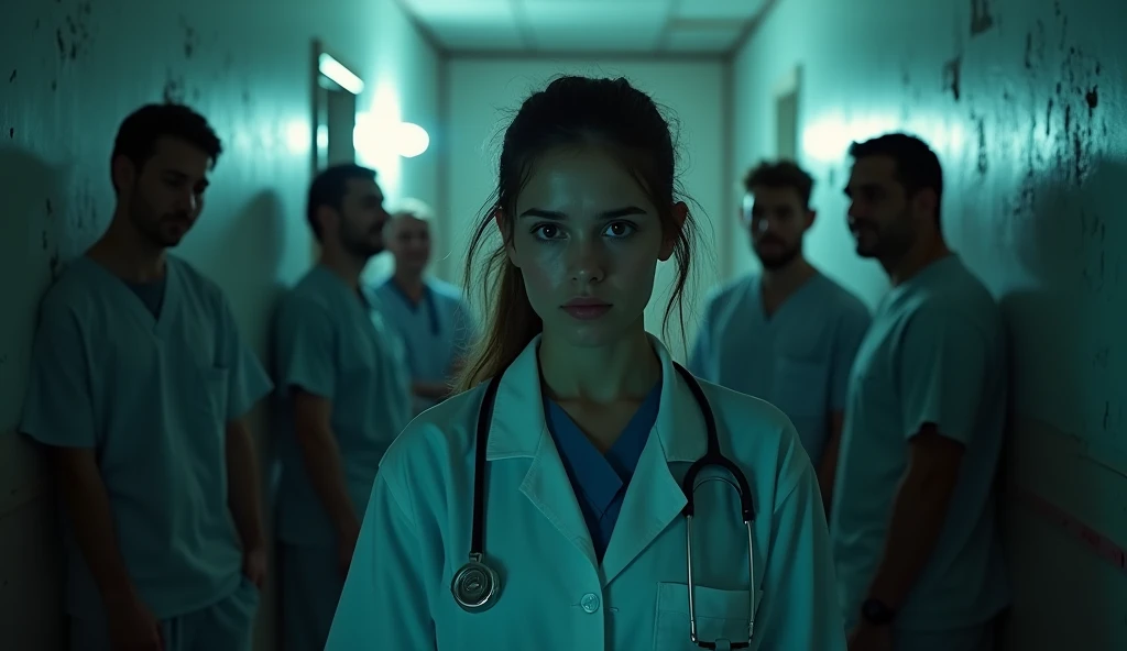 A beautiful 18-year-old doctor girl stands with a very sad face. Beside her, many male doctors are laughing at the girl. The hospital is like a haunted house. The picture seems real and cinematic.