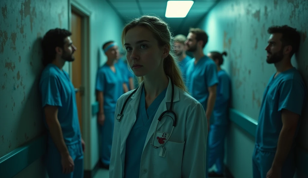 A beautiful 18-year-old doctor girl stands with a very sad face, with light bleeding on her face. Beside her, many male doctors are laughing at the girl. The hospital is like a haunted house. The picture seems real and cinematic.