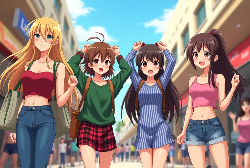 a group of anime girls shopping at a mall, the first girl is wearing a small red tube top that is almost slipping and jeans with long blonde hair, and she carries a bag on her shoulder. 

the second girl has brown hair and wearing baggy green sweater with plaid miniskirt carrying a backpack. 

the third girl has long black hair wearing a tight sleeveless blue and white horizontal striped dress, both her hands raised fixing her hair and showing both her armpits. 

the fourth girl has a sun kissed complexion and brown ponytail hair with pink crop tank top that exposes her midriff with noodle straps along with shorts. they're all chatting to each other.

