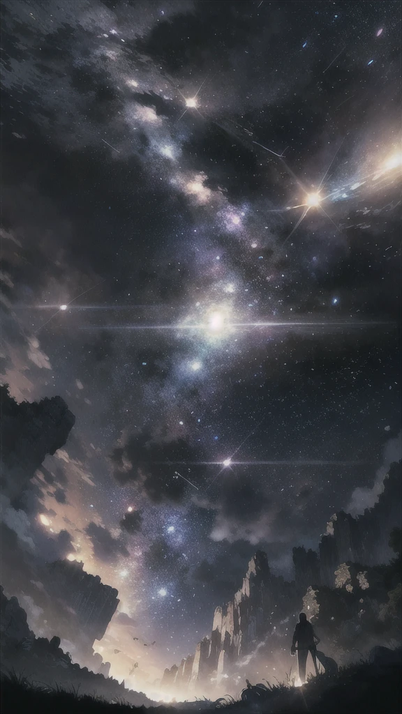 cinematic, epic night sky, photorealistic, ultra-detailed, highly detailed dramatic lighting, volumetric lighting, dramatic atmosphere, cinematic composition, floating, glowing, luminous, radiant, shimmering, sparkling, intricate, luminescent, ethereal, magical, surreal, mystical, mystifying, hypnotic, mesmerizing, captivating, breathtaking, awe-inspiring, stunning, magnificent, sublime, ridiculous resolution, high resolution, (masterpiece:1.4), super detailed, no humans, 1falling star, seen from above, space, floating, --v 6