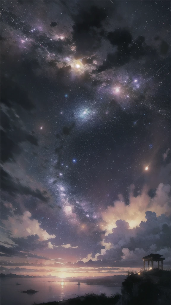 cinematic, epic night sky, photorealistic, ultra-detailed, highly detailed dramatic lighting, volumetric lighting, dramatic atmosphere, cinematic composition, floating, glowing, luminous, radiant, shimmering, sparkling, intricate, luminescent, ethereal, magical, surreal, mystical, mystifying, hypnotic, mesmerizing, captivating, breathtaking, awe-inspiring, stunning, magnificent, sublime, ridiculous resolution, high resolution, (masterpiece:1.4), super detailed, no humans, 1falling star, seen from above, space, floating, --v 6