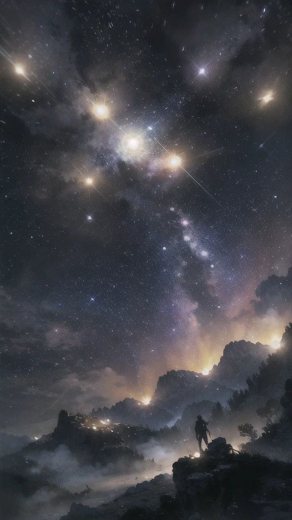 cinematic, epic night sky, photorealistic, ultra-detailed, highly detailed dramatic lighting, volumetric lighting, dramatic atmosphere, cinematic composition, floating, glowing, luminous, radiant, shimmering, sparkling, intricate, luminescent, ethereal, magical, surreal, mystical, mystifying, hypnotic, mesmerizing, captivating, breathtaking, awe-inspiring, stunning, magnificent, sublime, ridiculous resolution, high resolution, (masterpiece:1.4), super detailed, no humans, 1falling star, seen from above, space, floating, --v 6