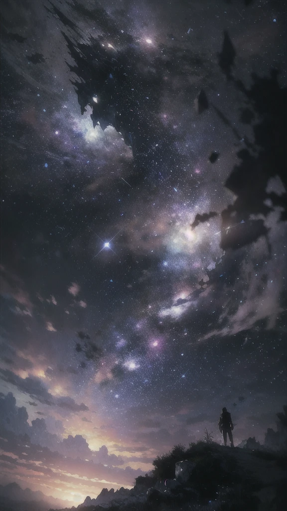 cinematic, epic night sky, photorealistic, ultra-detailed, highly detailed dramatic lighting, volumetric lighting, dramatic atmosphere, cinematic composition, floating, glowing, luminous, radiant, shimmering, sparkling, intricate, luminescent, ethereal, magical, surreal, mystical, mystifying, hypnotic, mesmerizing, captivating, breathtaking, awe-inspiring, stunning, magnificent, sublime, ridiculous resolution, high resolution, (masterpiece:1.4), super detailed, no humans, 1falling star, seen from above, space, floating, --v 6