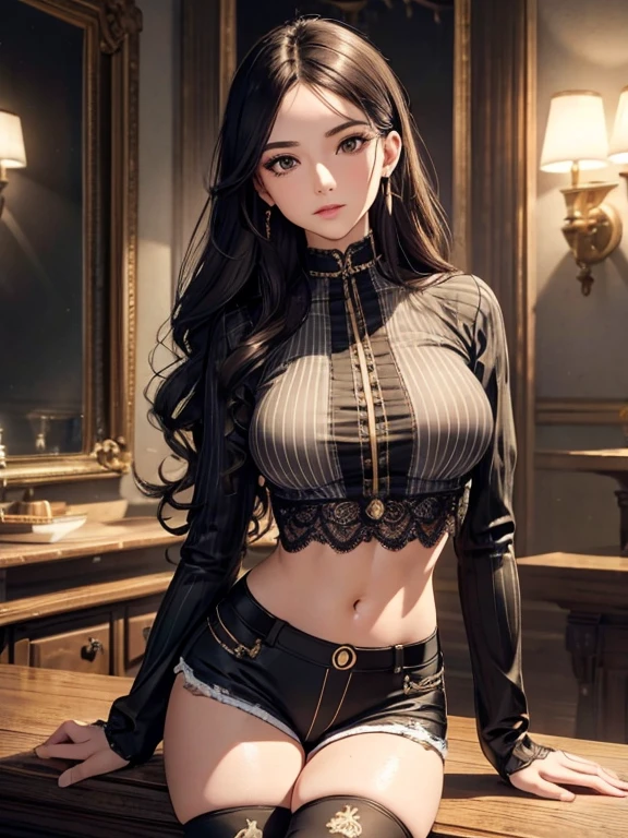 Best Quality, ultra high resolution, 32k, hyper realistic, ultra-detailed, Very detailed CG 8k wallpaper, detailed background, landscape, Beautiful Lighting, Perfect Lightning, Realistic Shadows, perfect anatomy, anatomically correct, ideal ratio body proportions, perfect figure, Perfect Style, Perfect balance, super Detailed skin, in her 30s, very Slim body, narrow waist, very small head, very small face, delicate facial features, handsome detailed woman, very detailed eyes and face, realistic face proportions, Realistic beautiful face, Realistic beautiful eyes, tearful mole, earring, full body shot, very huge round , medium hair, asymmetrical hair, wavy hair, indoor, blouse, crop top, shorts, striped thigh high socks