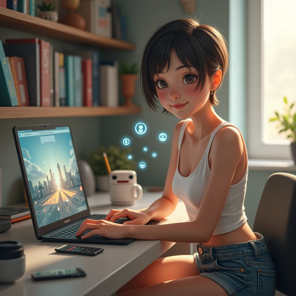 masterpiece, realistic, photorealistic, RAW photo, best quality, beautiful detailed, realistic lighting, sharp focus, depth of field,
solo:1.4, full body, beautiful detailed, 20 years old beautiful girl, very short cut hair, white tank top, denim shorts,
((She is working on a laptop at her desk in her bright room)), There is a coffee cup and a pen holder on the desk,
abs, eyes open, (looking at viewer:1.2), best quality real texture skin, detailed beautiful delicate face and eyes, double eyelid, (smile), (white teeth),
floating social media icons and notifications can be seen, a hologram of a small robot with a round face and red eyes floats next to her, a bookshelf filled with comics,