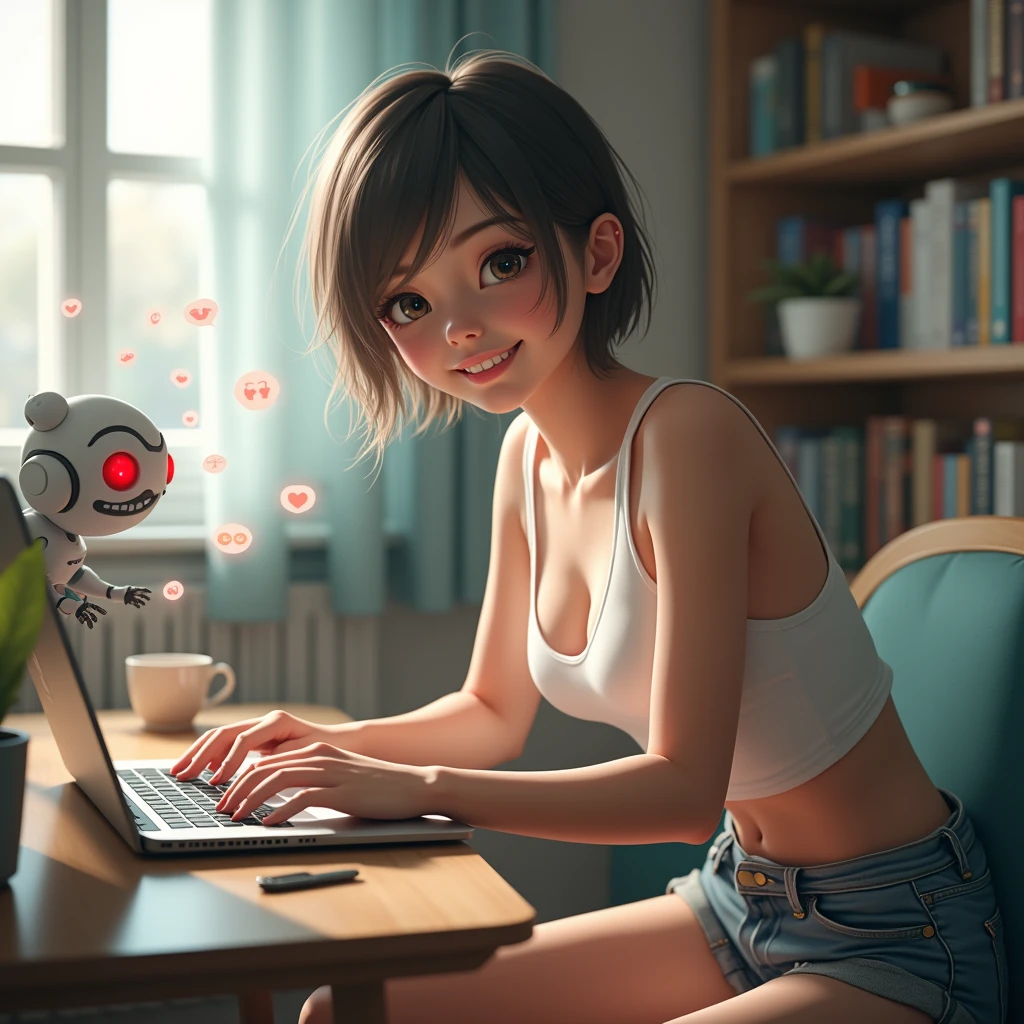 masterpiece, realistic, photorealistic, RAW photo, best quality, beautiful detailed, realistic lighting, sharp focus, depth of field,
solo:1.4, full body, beautiful detailed, 20 years old beautiful girl, very short cut hair, white tank top, denim shorts,
((She is working on a laptop at her desk in her bright room)), There is a coffee cup and a pen holder on the desk,
abs, eyes open, (looking at viewer:1.2), best quality real texture skin, detailed beautiful delicate face and eyes, double eyelid, (smile), (white teeth),
floating social media icons and notifications can be seen, a hologram of a small robot with a round face and red eyes floats next to her, a bookshelf filled with comics,