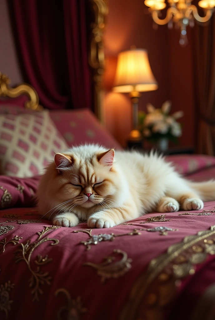 cat sleeping on a luxurious bed