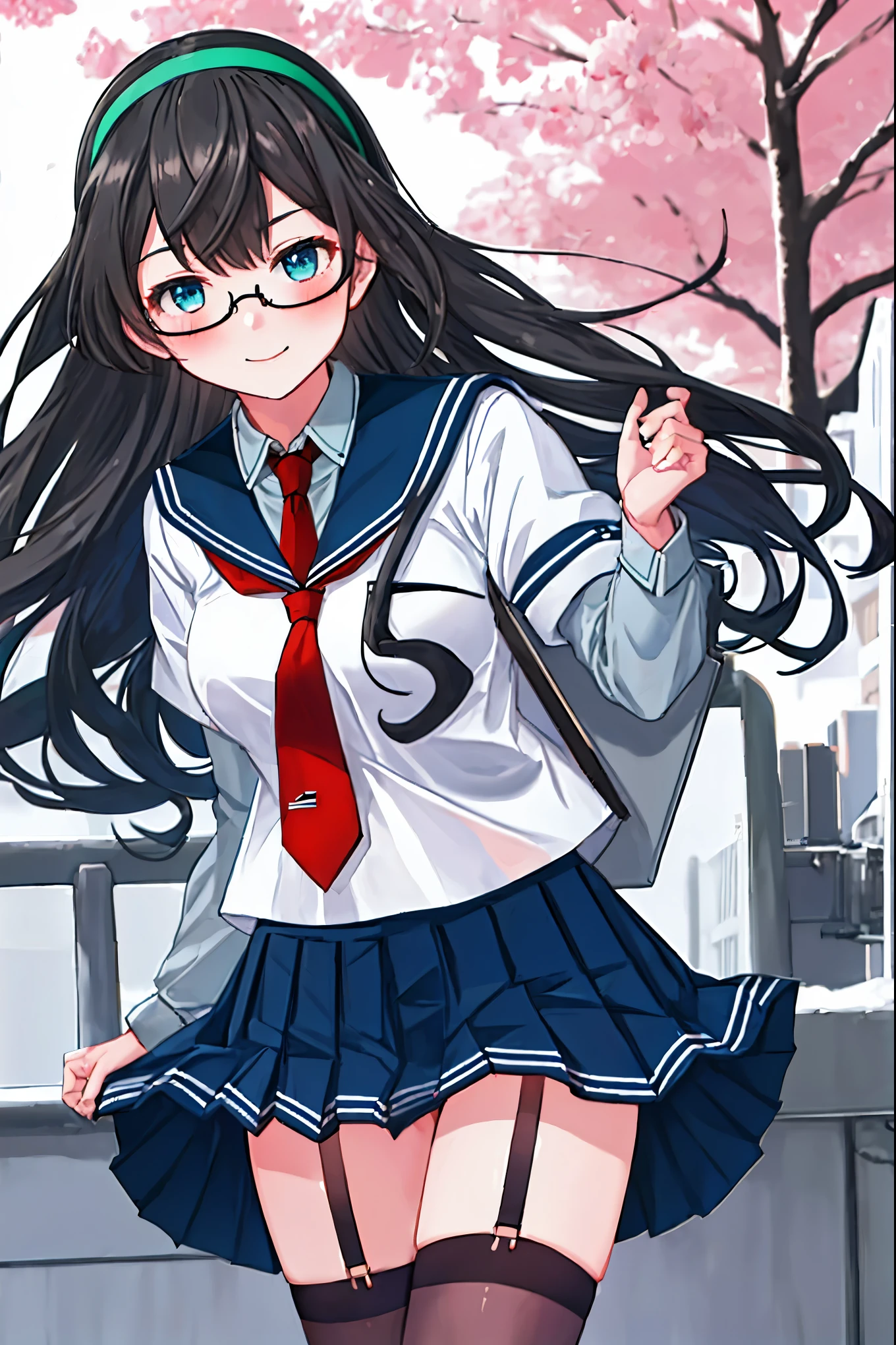 best quality, masterpiece, highres, solo, {ooyodo_kantaicollection:1.15}, black_hair, long_hair, glasses, hairband, semi-rimless_eyewear, under-rim_eyewear, blue_eyes, green_eyes, blush,small_breasts, 1girl, school_uniform, serafuku, pleats_skirt, looking_at_viewer, necktie, harbor_town_background, red_necktie,(angry:0.7),smile,,thigh-highs,solo