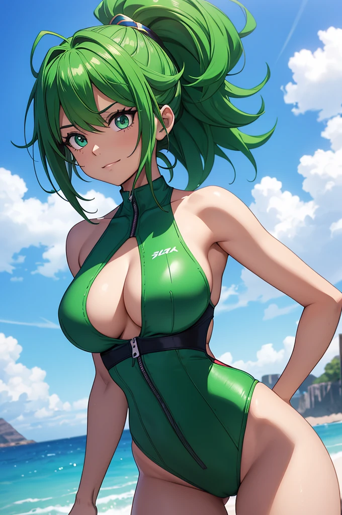 Create an image of a gender-swapped version of Izuku Midoriya, depicted as a beautiful and confident young woman. She has short, vibrant green hair that is styled neatly, with each strand rendered in perfect detail to capture the lively energy of her character. Her large, expressive eyes are a deep, striking green, filled with determination and warmth that reflect her heroic spirit.

Her physique is athletic yet feminine, with well-defined curves that highlight her strength and agility. She is wearing a sleek, form-fitting swimsuit that accentuates her figure, showcasing her toned arms, shoulders, and legs. The swimsuit design is modern and stylish, perfectly complementing her overall appearance and adding to her dynamic presence.

She stands confidently, perhaps with one hand on her hip and the other brushing through her short hair, her posture strong and poised. Her expression is focused and determined, with a hint of a smile that conveys her unwavering optimism and resolve.

Every detail, from the vibrant green of her hair to the contours of her athletic body, is rendered with the highest level of precision. The image should be visually stunning and captured in 8K resolution, ensuring every aspect of her appearance is portrayed with flawless quality, resulting in a captivating and perfect representation of female Izuku Midoriya in a swimsuit.