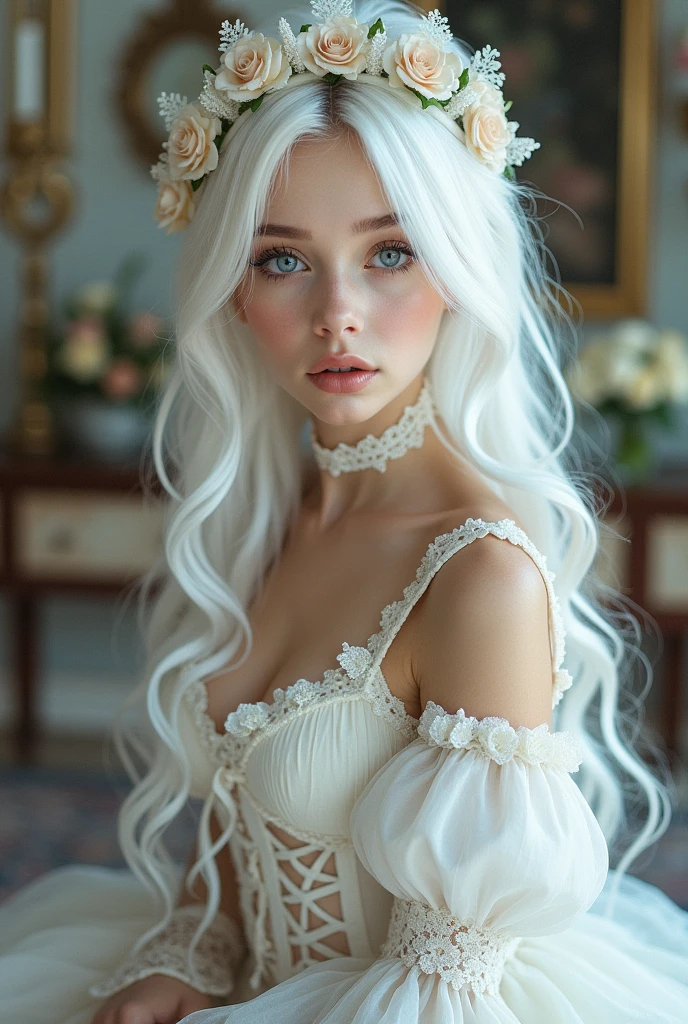 ((High quality)),masutepiece,(Detailed depiction of local details:1.2),1girl in,Blue eyes,large full breasts,Closed mouth,Eyelashes,Looking at Viewer,Portrait,Solo,Upper body,White hair,White theme,lolita costume costume, Casual pose, Photorealistic ????? girl rendering, hyper realisitic , seductive ????? girl