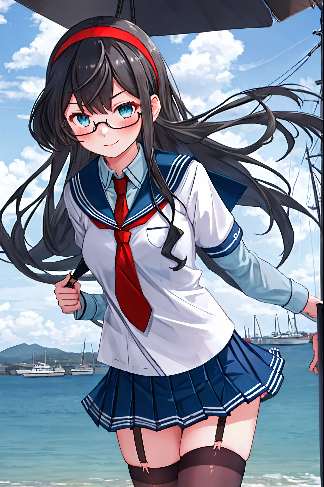 best quality, masterpiece, highres, solo, {ooyodo_kantaicollection:1.15}, black_hair, long_hair, glasses, hairband, semi-rimless_eyewear, under-rim_eyewear, blue_eyes, green_eyes, blush,small_breasts, 1girl, school_uniform, serafuku, pleats_skirt, looking_at_viewer, necktie, harbor_town_background, red_necktie,(angry:0.7),smile,,thigh-highs,solo