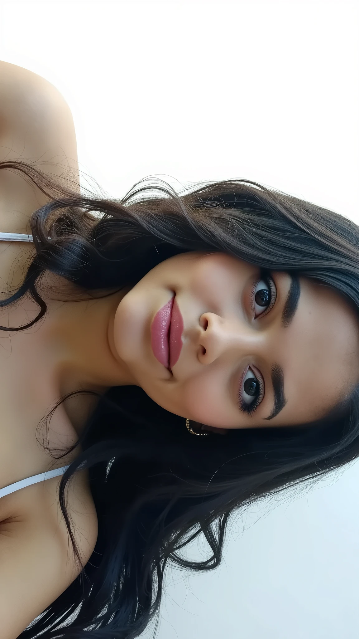 (From a birds-eye, above perspective), 1girl, high quality, high resolution, 4k, thin, 25 year old, solo, June, JuReis, in sexy lingerie, eyes looking up, lips, realistic, nose, flirting with camera, sitting in a fitting room, open legs, looking seductively at viewer