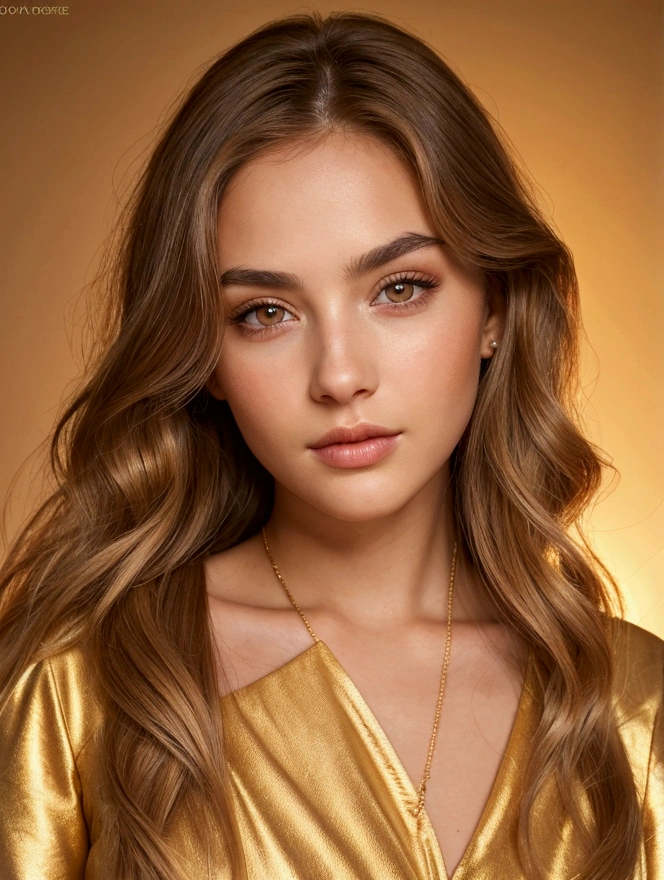 Best quality,high resolution,8k masterpiece, atmosphere, golden hour light:1.3, bright light hard light:1.2, fuji color:1.5, film grain, frontal camera shot:1.5, Attractive happy woman right profile picture, 20 year old, portrait, delicate occidental features, aureal proportion:1.5, slight wavy brown hair with little few blonde lights:1.4, thick sexy eyebrows:1.4, long eyelashes:1.3,deep eye look:1.3, (real skin texture:1.3), medium thick lips :1.3, brown golden eyes :1.5,