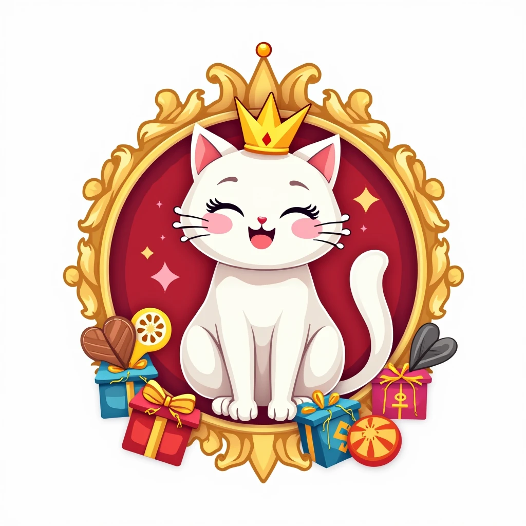 Develop a vibrant emblem logo for ' Jessi ' featuring a white Cat wearing a tiny Queen crown and sitting inside a decorative frame adorned with pet accessories like toys and treats. Use a colorful palette of red, yellow, and blue to convey a sense of joy and celebration. The logo should be eye-catching and festive against a white background.