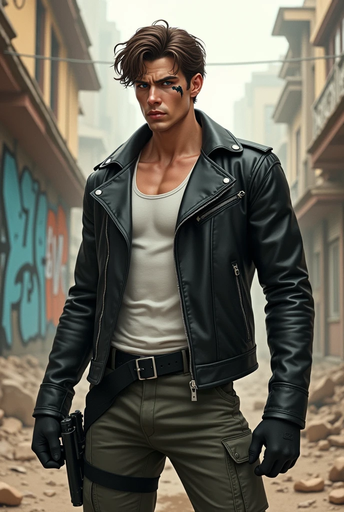 My character Height:181 Hair: brown in a smaller size type in the army Skin color: branco mais puxado para o brown skinned(brown skinned)

He has a scar on his eyebrow. He wears a black leather jacket with a white tank top underneath and military style pants.