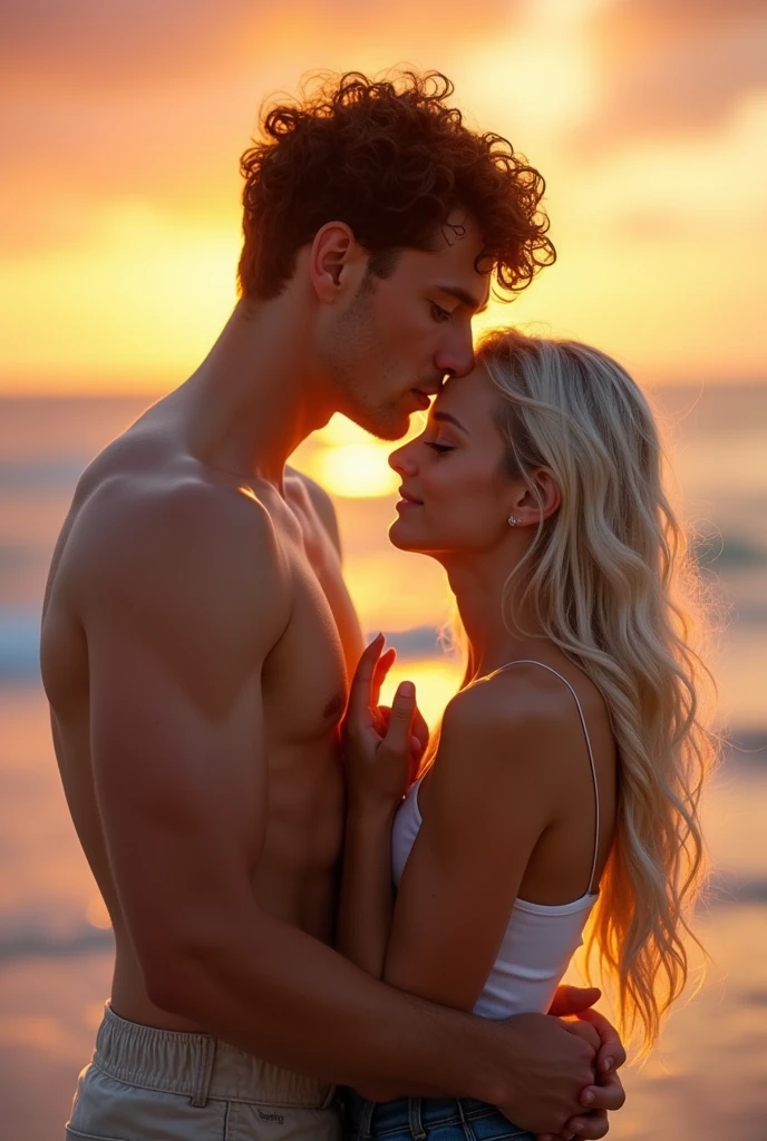 Young tall athletic man with short curly dark auburn hair and blue green eyes kissing a girl his age with long platinum blonde hair and blue eyes