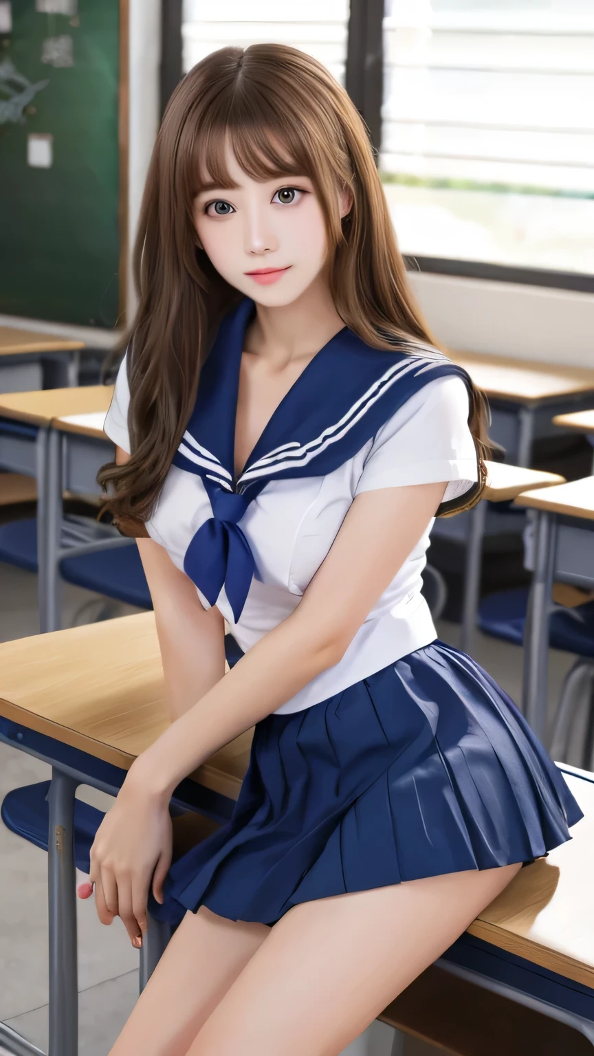Non-NSFW、Real、(Highest quality), (masterpiece)、Ultra-high resolution、RAW Photos, (upper body), (in classroom:1.5), Fantasy、Looking into the camera、alone、(elemental Sylph:1.1), Beautiful Spirit、Super Beauty, (immature:1.2), (16years-old:1.2)、Moisturized Skin、Perfect model body、Beautiful Eyes、Big eyes, (brown eyes:1.2)、Inconspicuous tear bags、slim、Beautiful fingers、Very long hair、highly saturated photos, clavicle, attractive,skinny, (sad:1.4), (Small breasts:1.6), (brown hair), (Waist-length hair:1.5), Small Ass, lips, (sailor uniform:1.5),(Checked blue skirt:1.2),(red tie:1.2), (pleated miniskirt :1.5),(high heels:1.1), (Several poses:1.1)