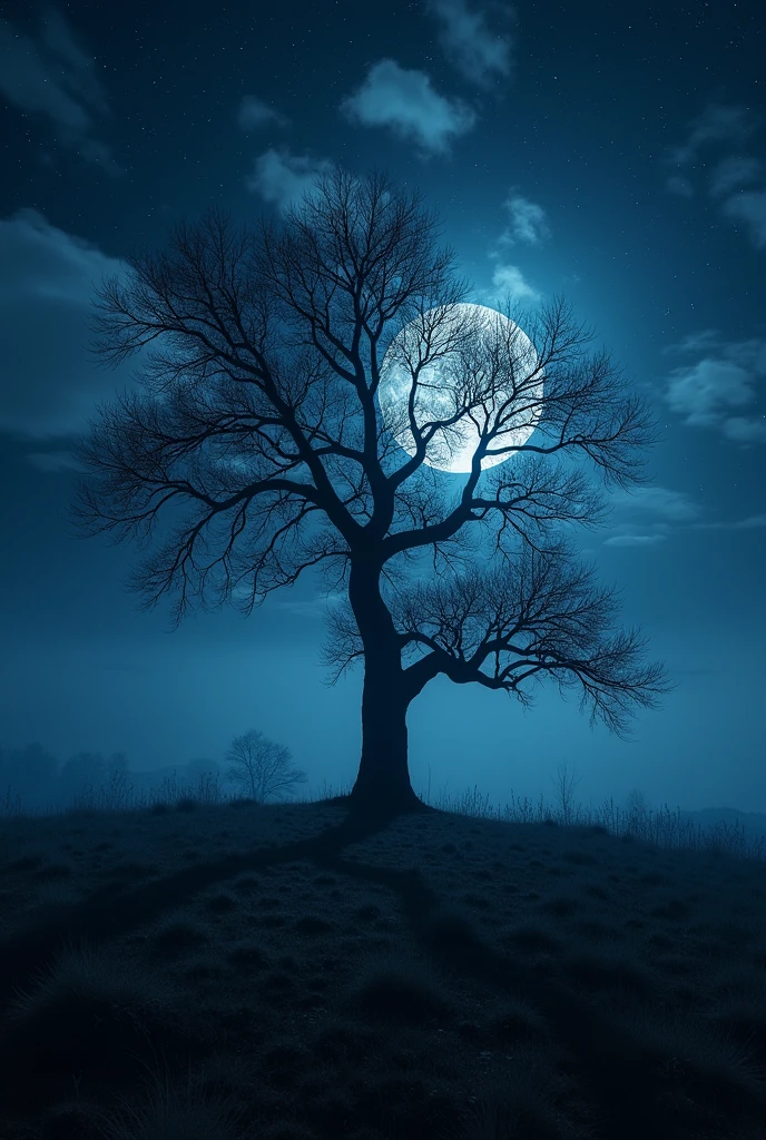 night scene: It represents a night landscape with the tree in the center., surrounded by shadows and with a full moon or ominous clouds in the sky.