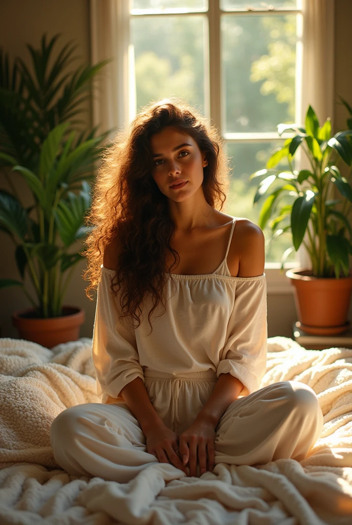 (photorealism:1.2), beautiful woman, sitting on bed, wearing loose off-shoulder top, pajama pants, long curly hair, indoors, soft lighting, plants in background, window with sunlight, cozy room, relaxed pose, realistic, intricate details, warm colors, by Greg Rutkowski, by Alphonse Mucha