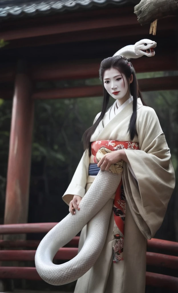 woman,White Face,kimono,A large white snake coiled around his body,Inside the shrine,Dim atmosphere,Realistic photos、