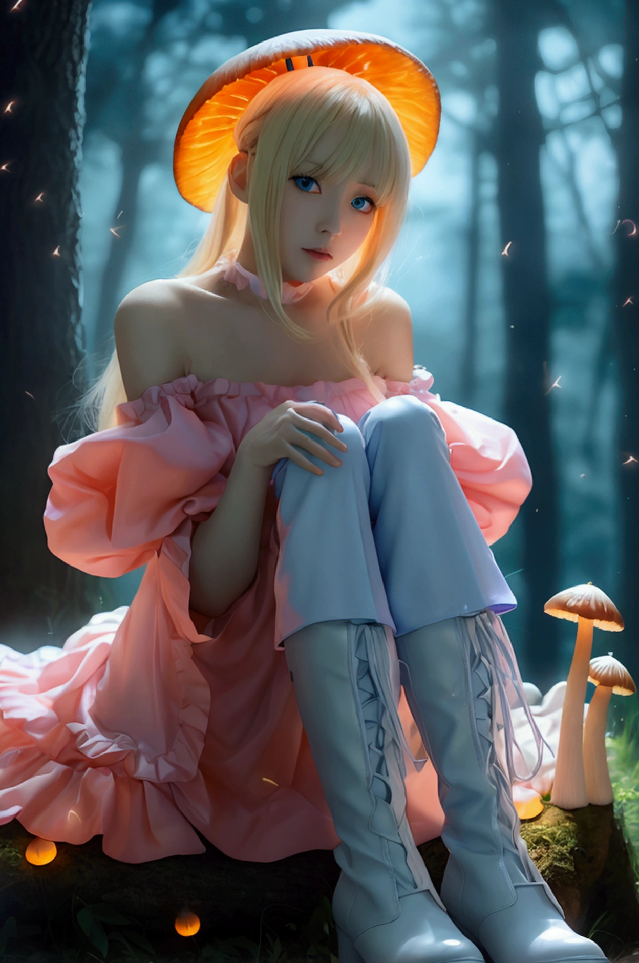 A light blonde haired anime character with pale blue purple eyes.、Wearing a pink off-the-shoulder puffy sleeve dress and knee-length white boots、Under the stars、Sitting in the woods next to an orange mushroom surrounded by fireflies。