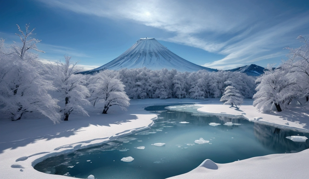 (best quality,4k,8k,highres,masterpiece:1.2),ultra-detailed,(realistic,photorealistic,photo-realistic:1.37),ice cutting,ice harvesting,natural ice,Japan,lake,traditional shaved ice,winter landscape,snowy scene,detailed ice crystals,ice blocks,traditional Japanese clothing,artisanal craft,skilled workers,blue tones,overcast sky,cool lighting