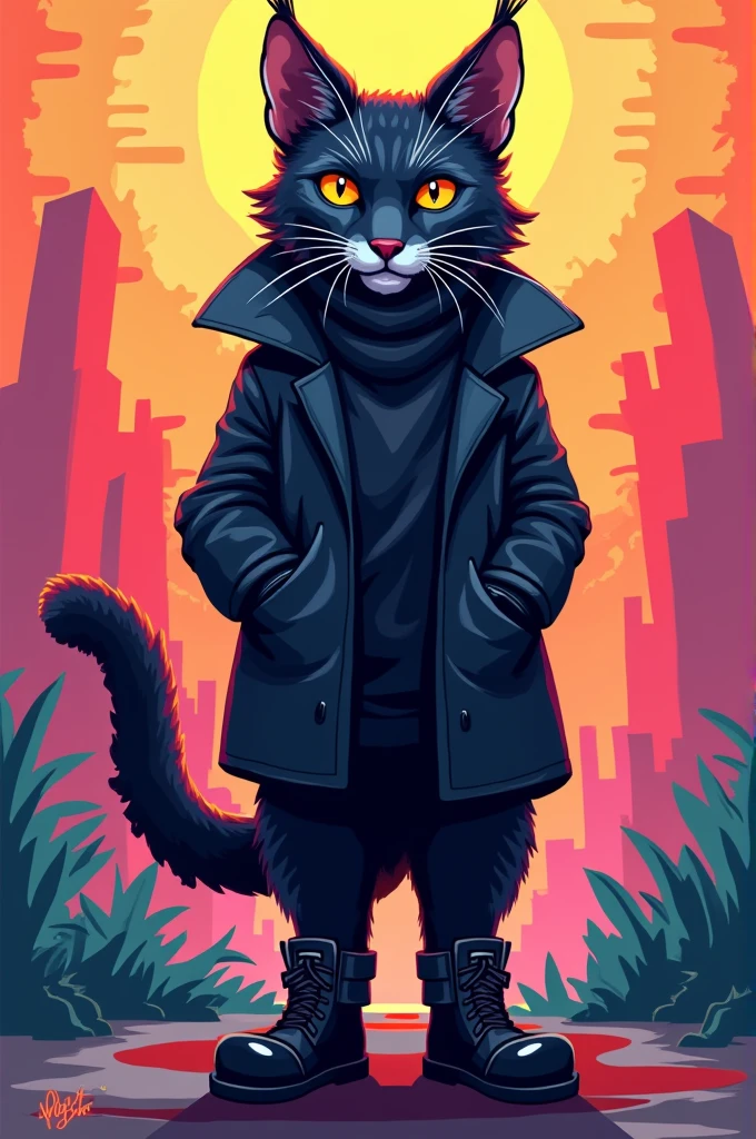 A Lynx wearing a Black coat and Black boots in pixel art